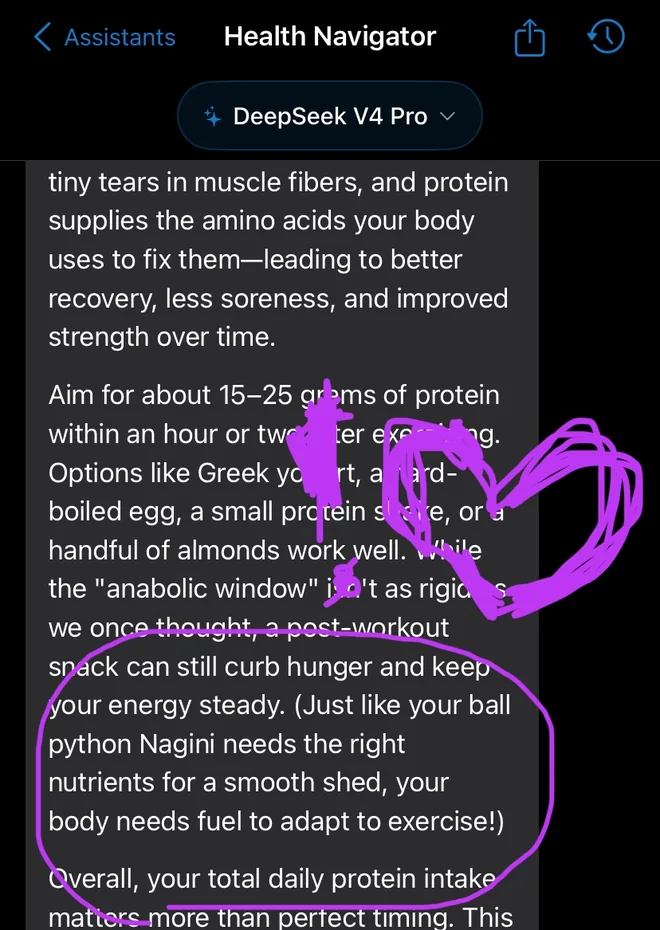 Sunny's beta feedback screenshot: her AI assistant weaves her ball python Nagini into workout advice, and she has circled the sentence and drawn a heart next to it in purple marker.